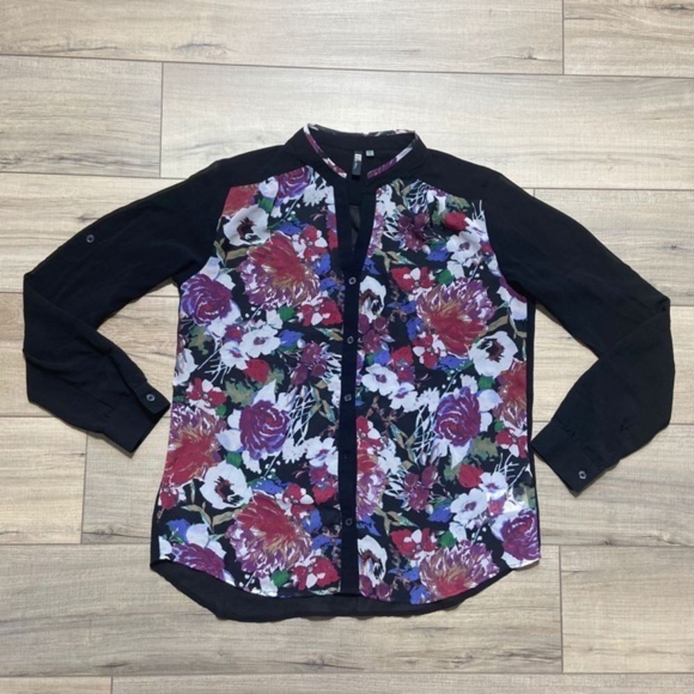 KUT from the Kloth Large Women's Sheer Roll-Tab Floral‎ Button Down Blouse Black